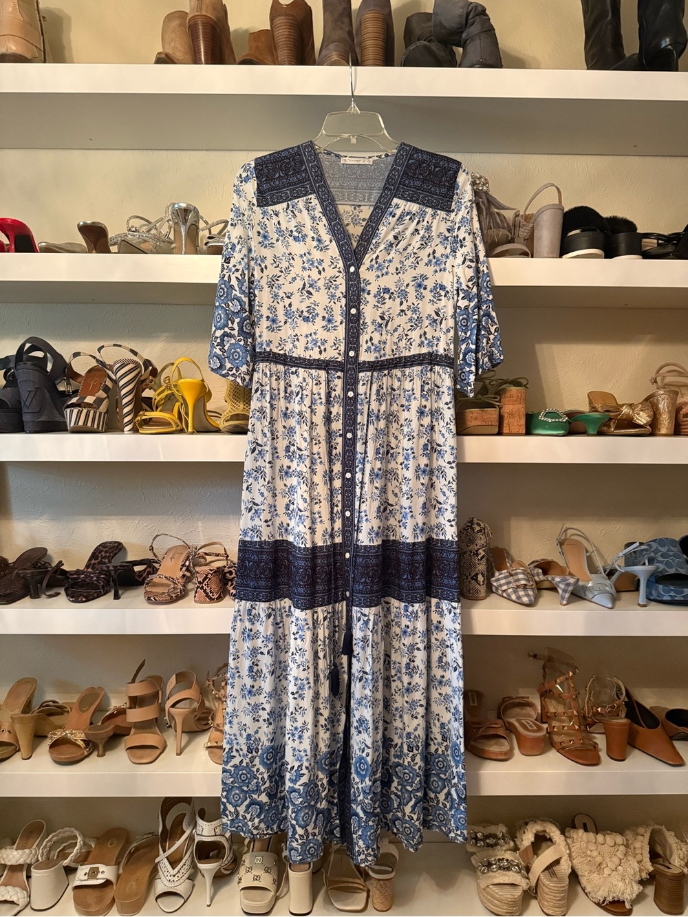 Boho Blue & White Floral Print Drawstring Maxi Dress